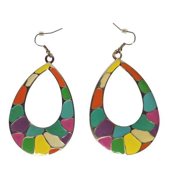Boho Colorful Teardrop Earrings Stained Glass Style Handmade Dangle Jewelry - Picture 1 of 3